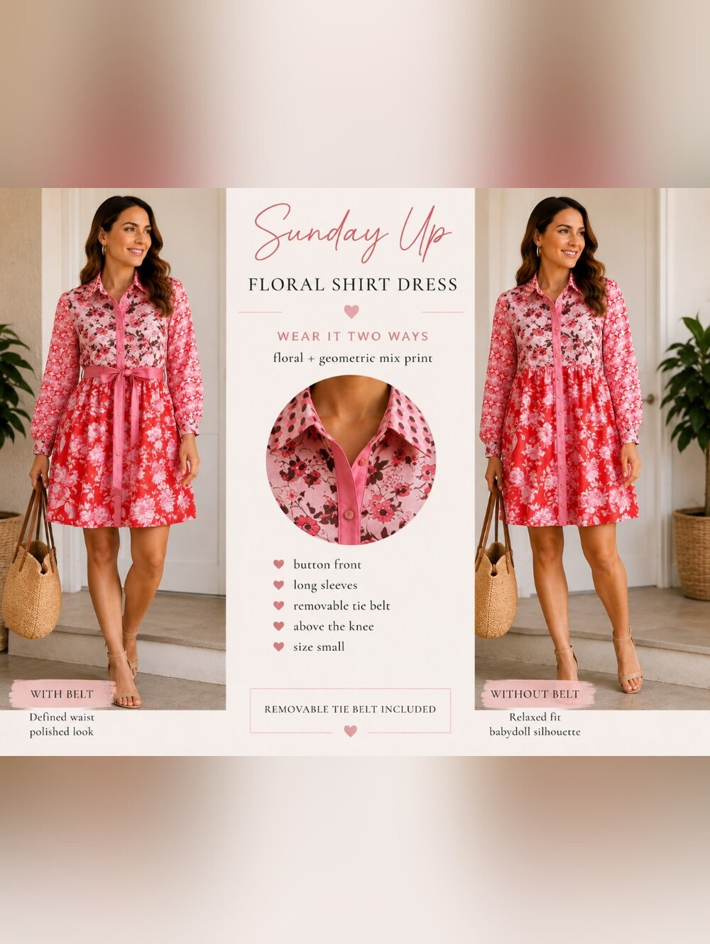 Sunday Up Floral Babydoll Shirt Dress Pink Mixed Print Tie Waist Size Small